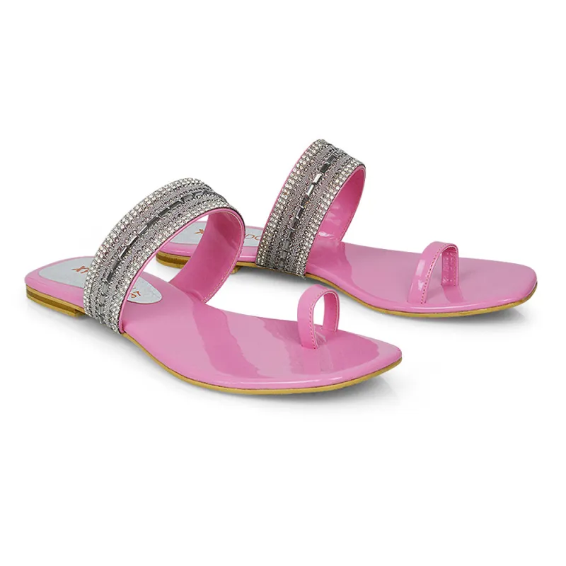 Rogan Strappy Slip on Toe Post Ring Diamante Flat Sandal Sliders in Pink sold by XYlondon