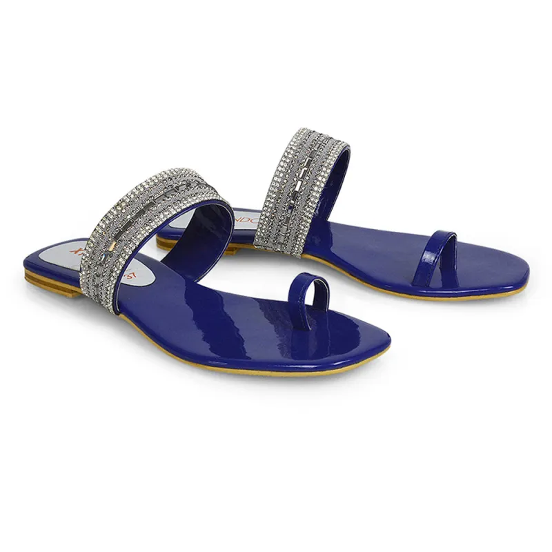 Rogan Strappy Slip on Toe Post Ring Diamante Flat Sandal Sliders in Navy sold by XYlondon
