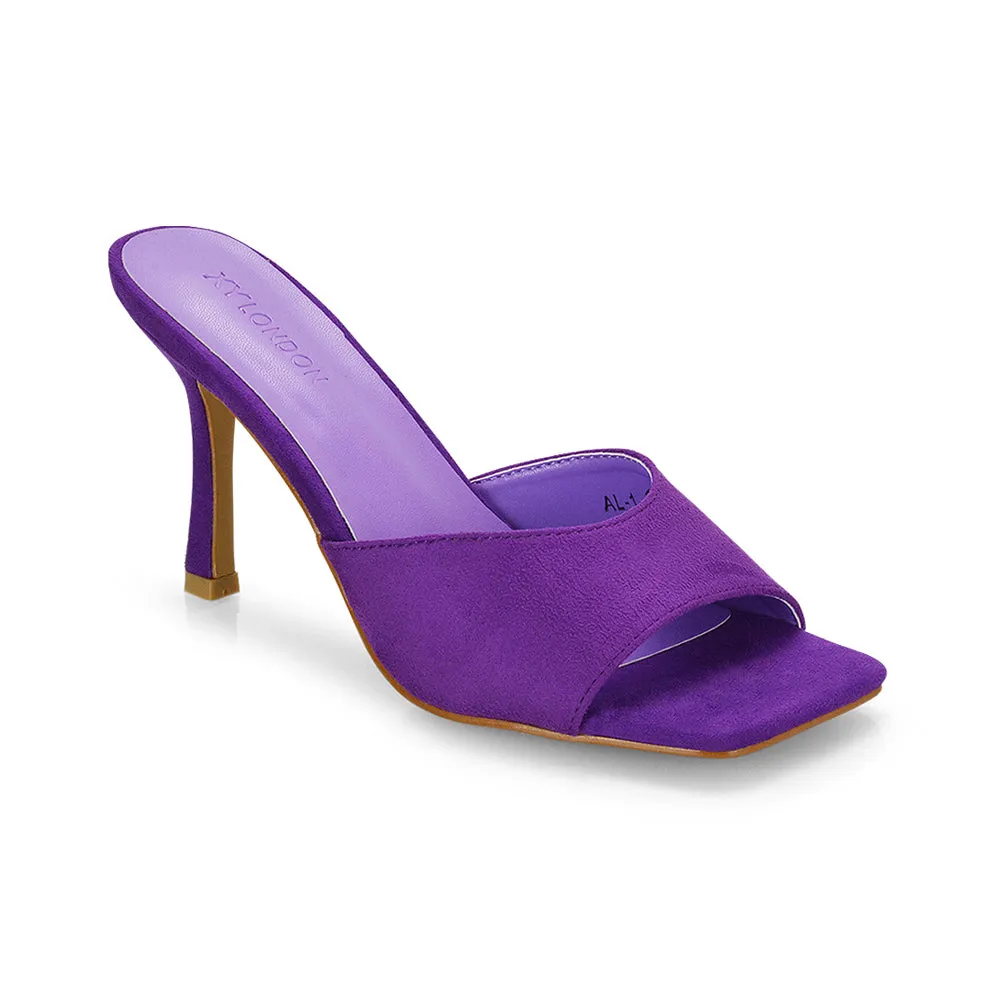 Sia Stiletto High Heeled Slip on Square Toe Mule Sandals in Purple Faux Suede sold by XYlondon product image thumbnail 2