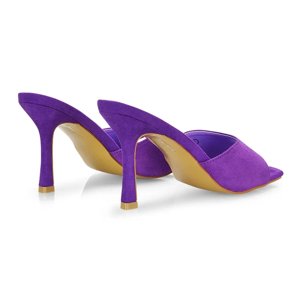 Sia Stiletto High Heeled Slip on Square Toe Mule Sandals in Purple Faux Suede sold by XYlondon product image thumbnail 5