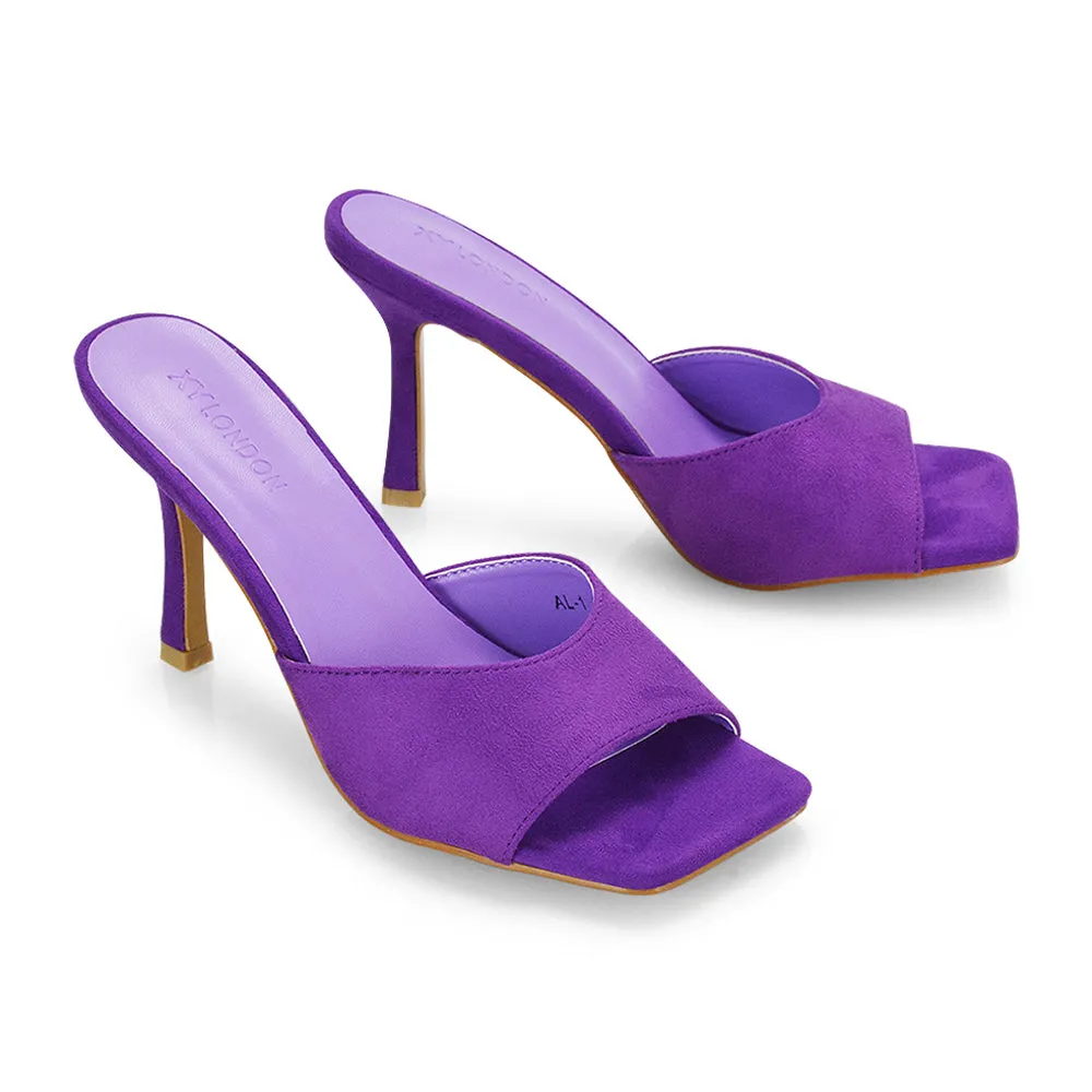 Sia Stiletto High Heeled Slip on Square Toe Mule Sandals in Purple Faux Suede sold by XYlondon product image thumbnail 4