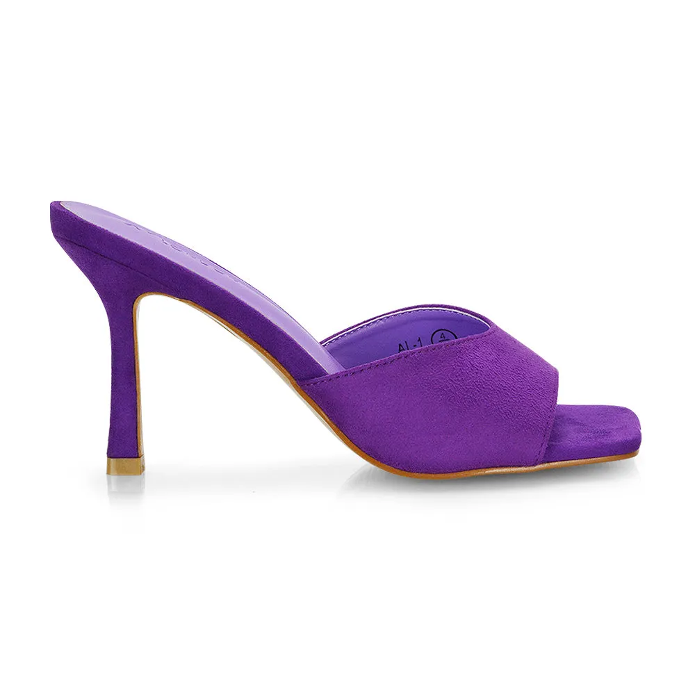 Sia Stiletto High Heeled Slip on Square Toe Mule Sandals in Purple Faux Suede sold by XYlondon product image thumbnail 3