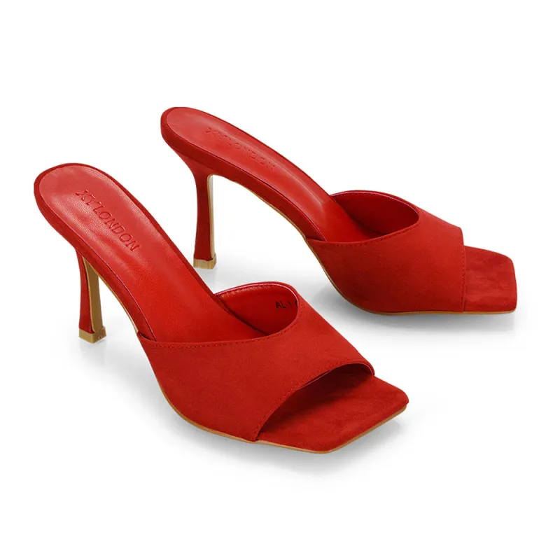 Sia Stiletto High Heeled Slip on Square Toe Mule Sandals in Red Faux Suede sold by XYlondon