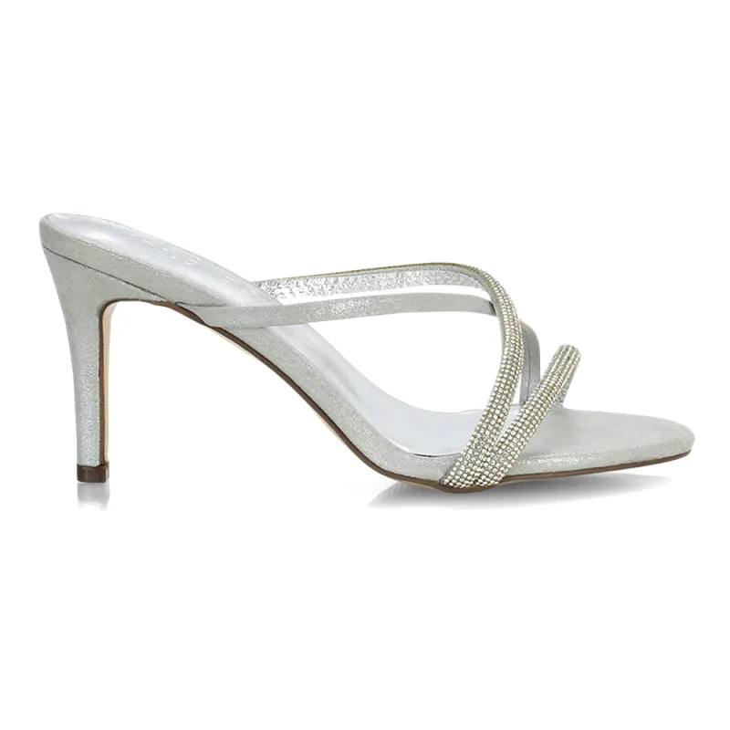 Teddie Diamante Cross Over Strappy Sandal Stiletto High Mule Heels in Silver sold by XYlondon