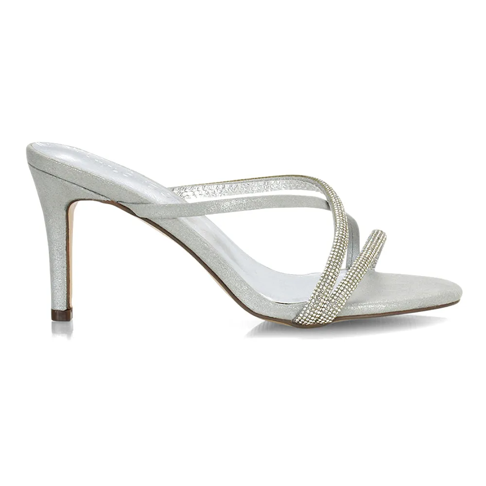 Teddie Diamante Cross Over Strappy Sandal Stiletto High Mule Heels in Silver sold by XYlondon