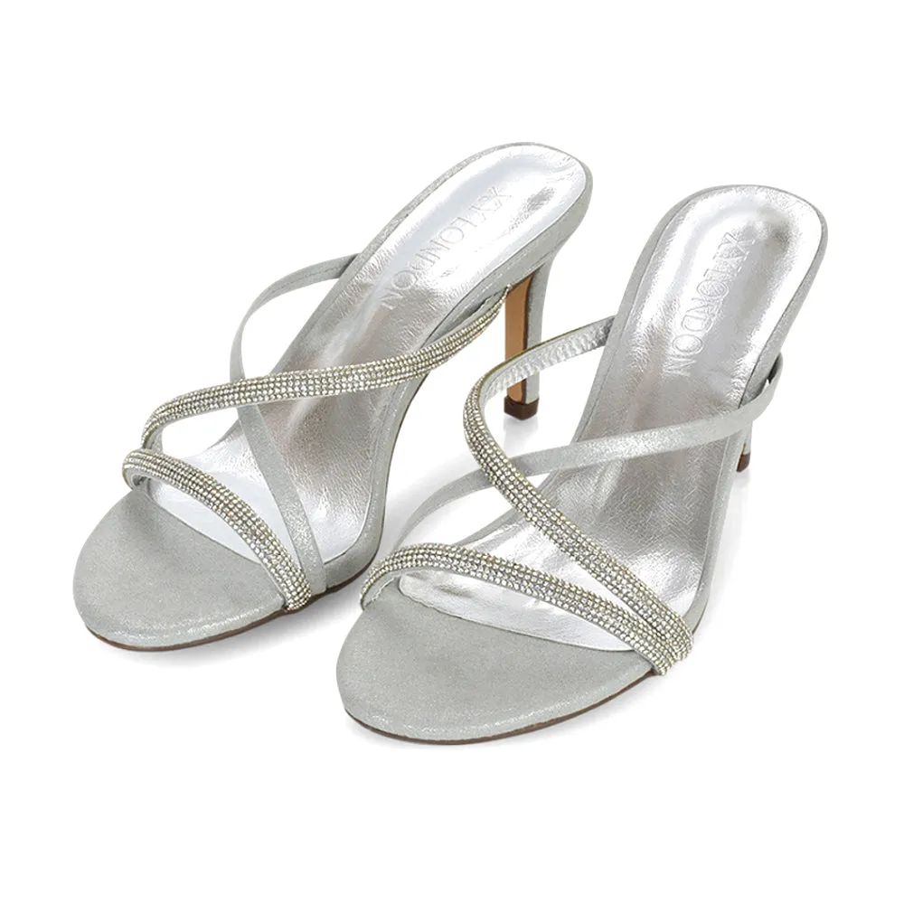 Teddie Diamante Cross Over Strappy Sandal Stiletto High Mule Heels in Silver sold by XYlondon product image thumbnail 4