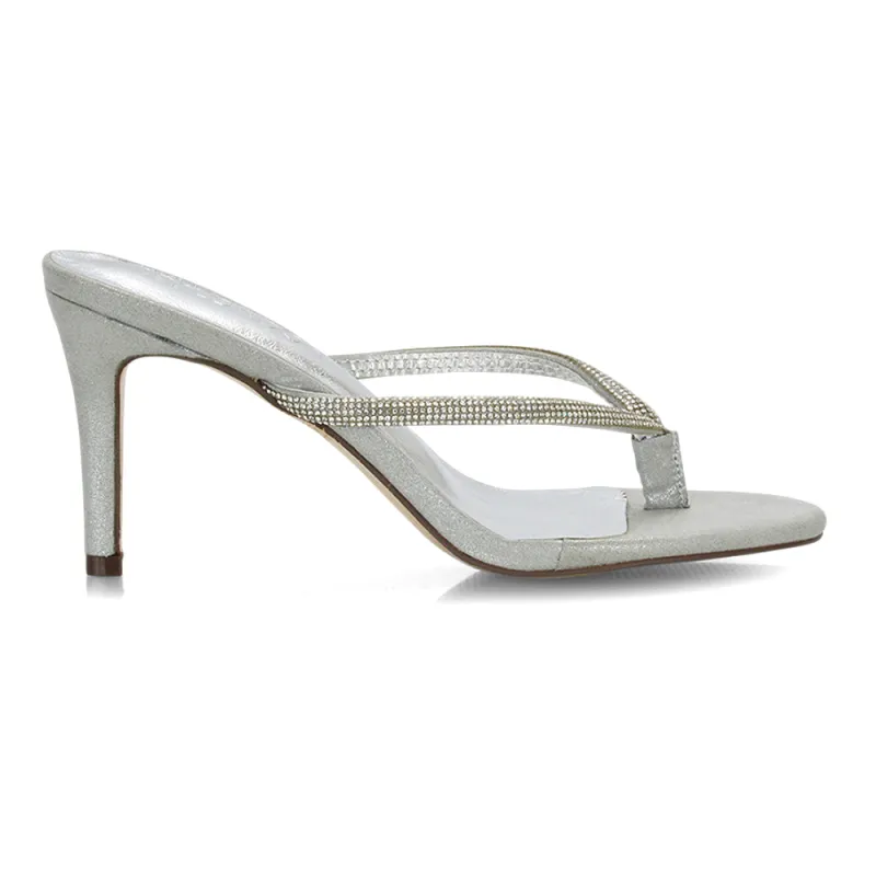 Tiami Thong Strap Slip On Stiletto Diamante Heeled Sandal Mules in Silver sold by XYlondon
