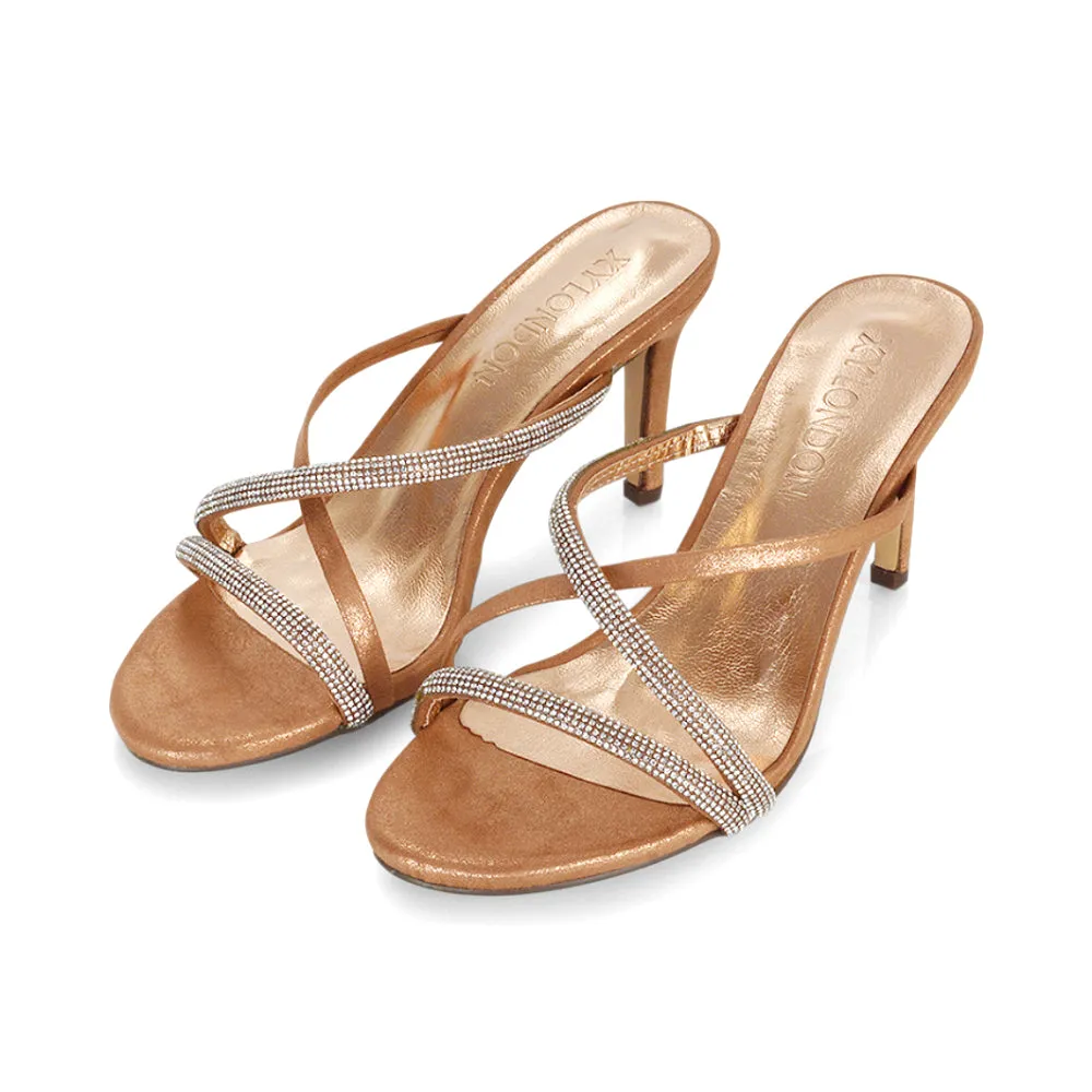 Teddie Diamante Cross Over Strappy Sandal Stiletto High Mule Heels in Rose Gold sold by XYlondon product image thumbnail 3