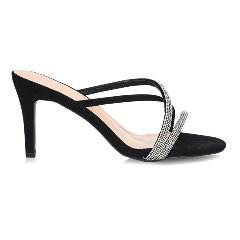 Teddie Diamante Cross Over Strappy Sandal Stiletto High Mule Heels in Black sold by XYlondon