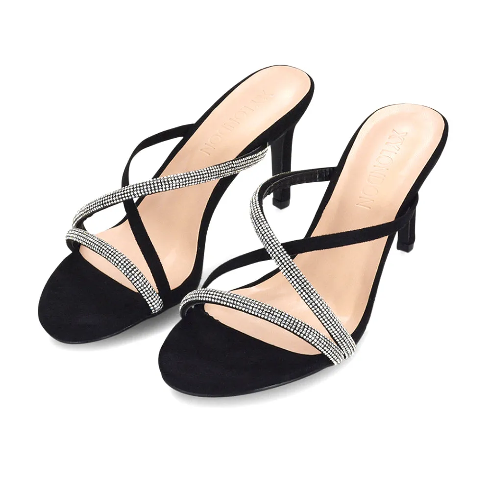 Teddie Diamante Cross Over Strappy Sandal Stiletto High Mule Heels in Black sold by XYlondon product image thumbnail 4