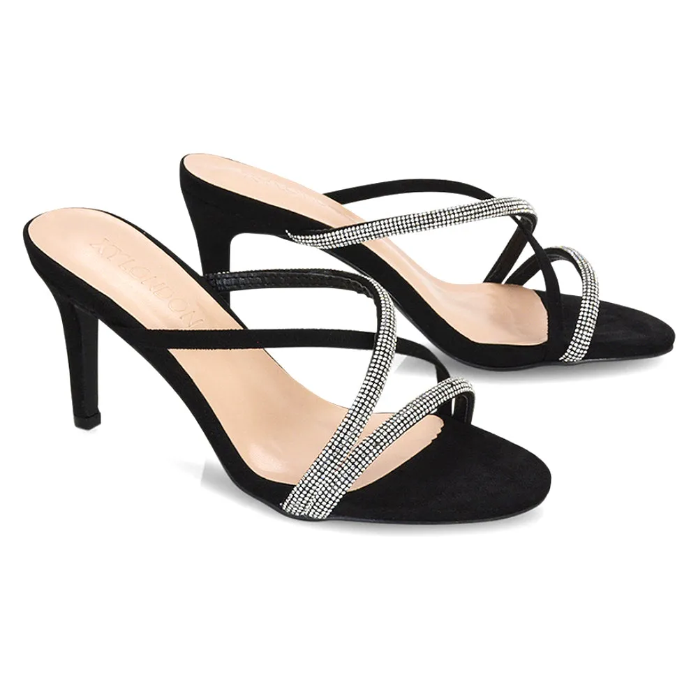 Teddie Diamante Cross Over Strappy Sandal Stiletto High Mule Heels in Black sold by XYlondon product image thumbnail 3