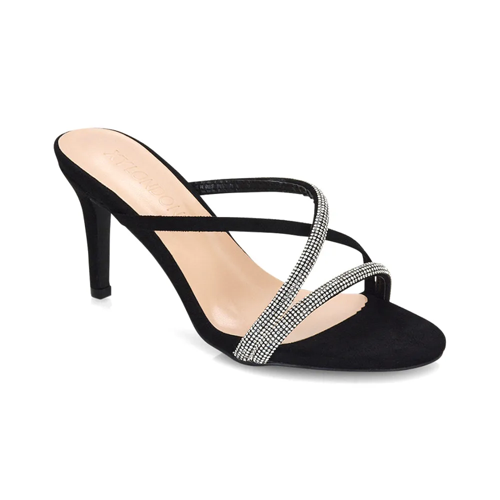 Teddie Diamante Cross Over Strappy Sandal Stiletto High Mule Heels in Black sold by XYlondon product image thumbnail 2