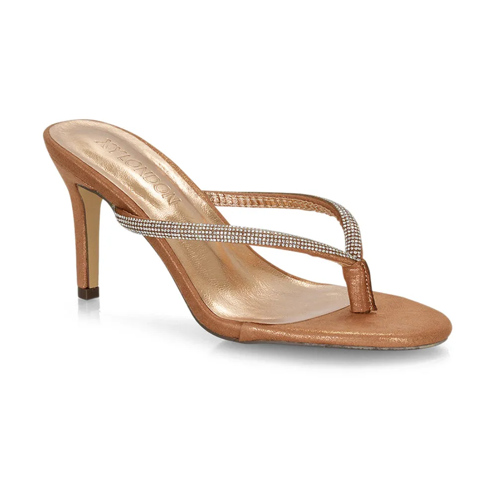 Tiami Thong Strap Slip On Stiletto Diamante Heeled Sandal Mules in Rose Gold sold by XYlondon product image thumbnail 2