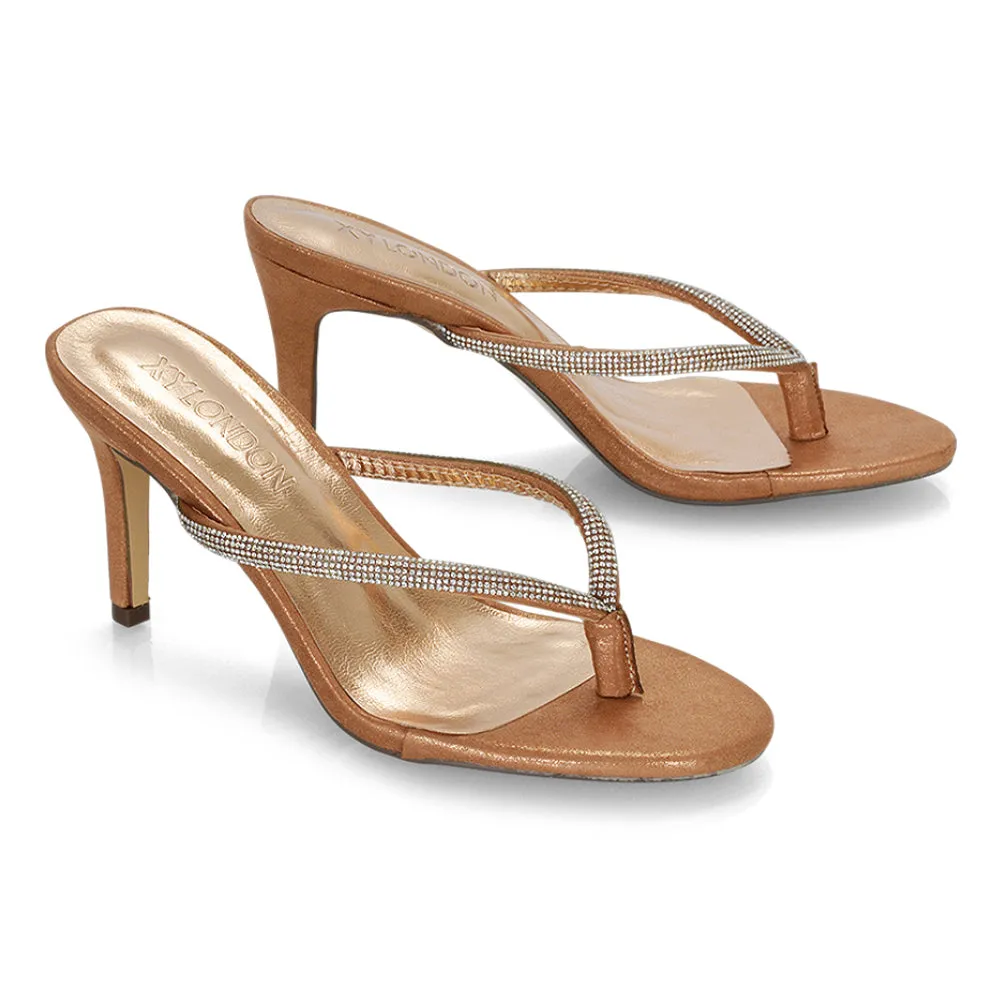 Tiami Thong Strap Slip On Stiletto Diamante Heeled Sandal Mules in Rose Gold sold by XYlondon product image thumbnail 3