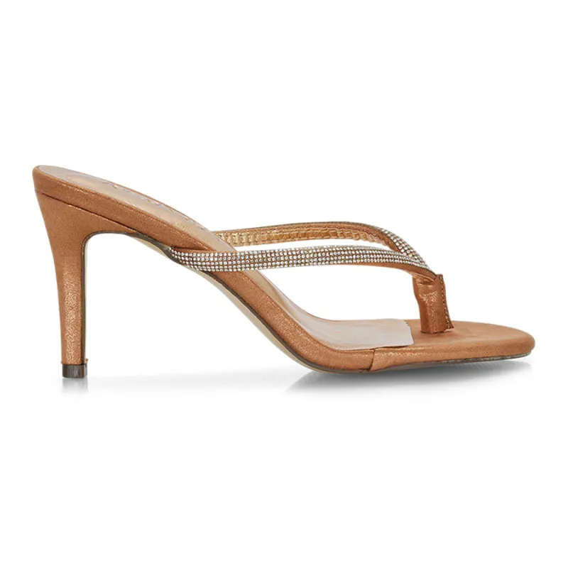 Tiami Thong Strap Slip On Stiletto Diamante Heeled Sandal Mules in Rose Gold sold by XYlondon