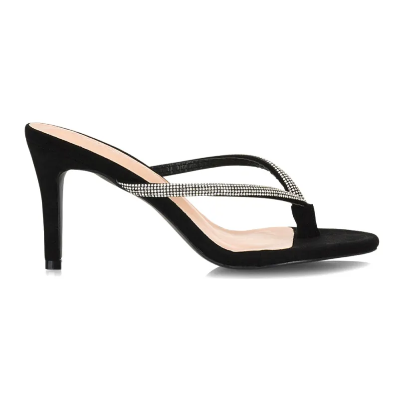 Tiami Thong Strap Slip On Stiletto Diamante Heeled Sandal Mules in Black sold by XYlondon
