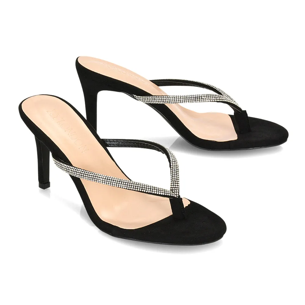 Tiami Thong Strap Slip On Stiletto Diamante Heeled Sandal Mules in Black sold by XYlondon product image thumbnail 3