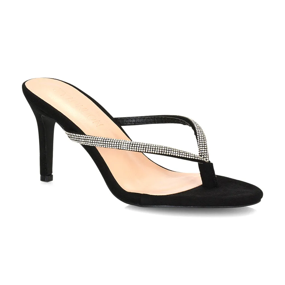 Tiami Thong Strap Slip On Stiletto Diamante Heeled Sandal Mules in Black sold by XYlondon product image thumbnail 2