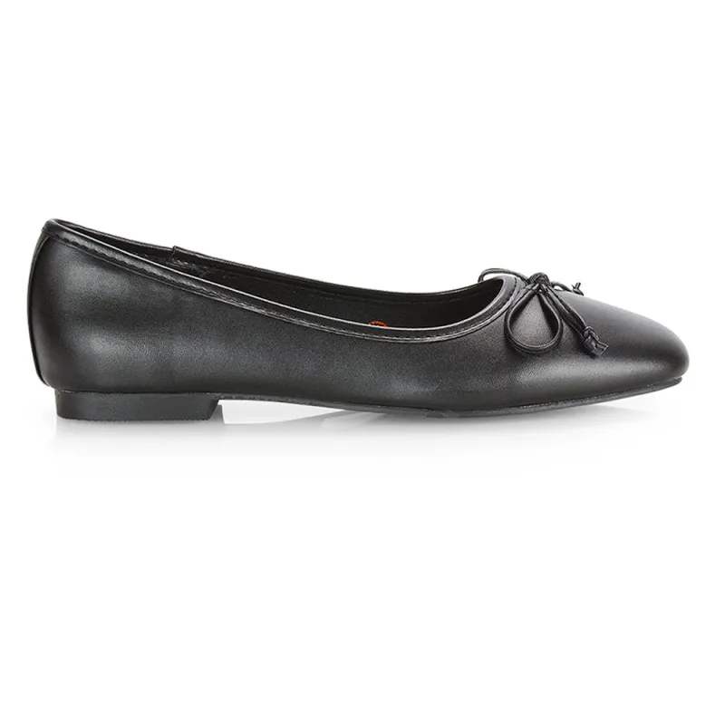 Lizzy Bow Detailing Flat Square Toe Ballerina Pump Shoes in Black PU sold by XYlondon
