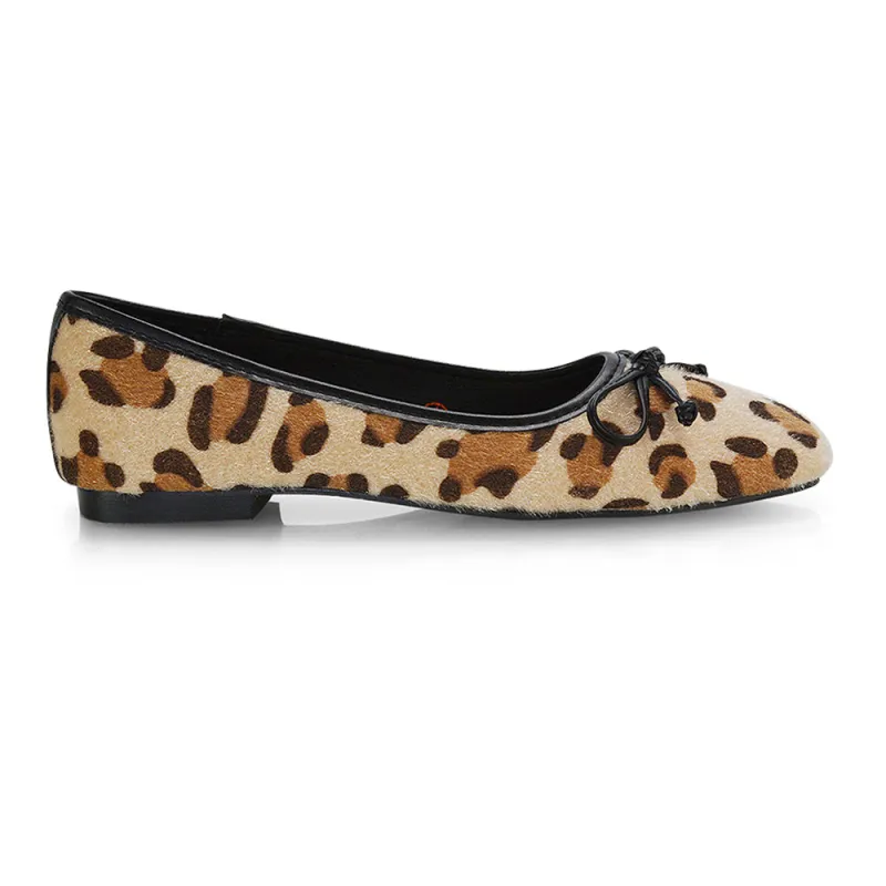 Lizzy Bow Detailing Flat Square Toe Ballerina Pump Shoes in Leopard sold by XYlondon