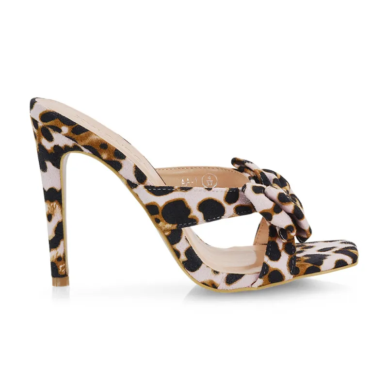 Larsa Bow Detail Square Toe Stiletto Slip on Mule Strappy Sandal Heels in Leopard sold by XYlondon