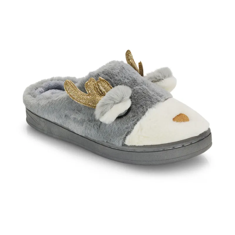 Immie Faux Fur Soft Fluffy Christmas Slip on Cosy Reindeer Slippers in Grey sold by XYlondon