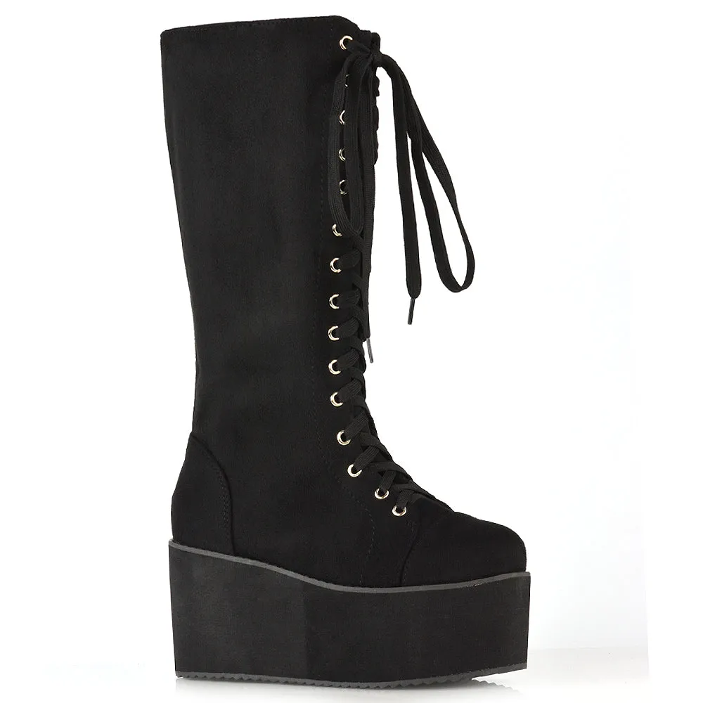 LIZ'S CHUNKY SOLE LACE UP KNEE HIGH BIKER WINTER PLATFORM BOOTS IN BLACK FAUX SUEDE sold by XYlondon product image thumbnail 2