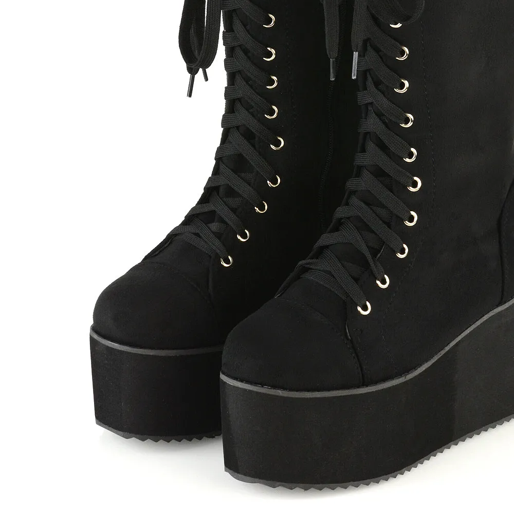 LIZ'S CHUNKY SOLE LACE UP KNEE HIGH BIKER WINTER PLATFORM BOOTS IN BLACK FAUX SUEDE sold by XYlondon product image thumbnail 5