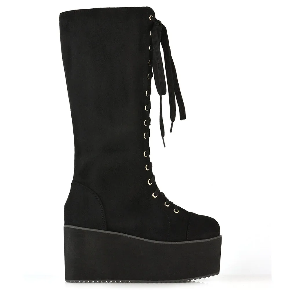 LIZ'S CHUNKY SOLE LACE UP KNEE HIGH BIKER WINTER PLATFORM BOOTS IN BLACK FAUX SUEDE sold by XYlondon product image thumbnail 3