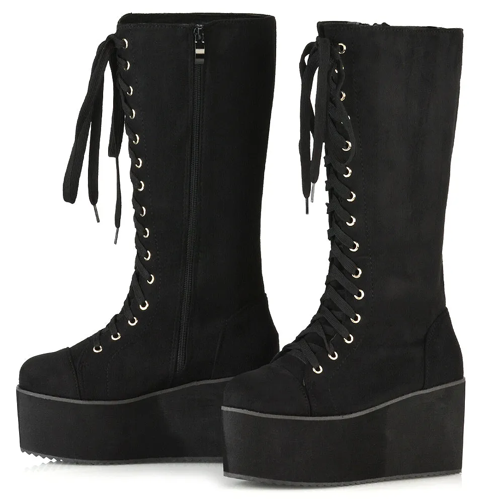 LIZ'S CHUNKY SOLE LACE UP KNEE HIGH BIKER WINTER PLATFORM BOOTS IN BLACK FAUX SUEDE sold by XYlondon product image thumbnail 4
