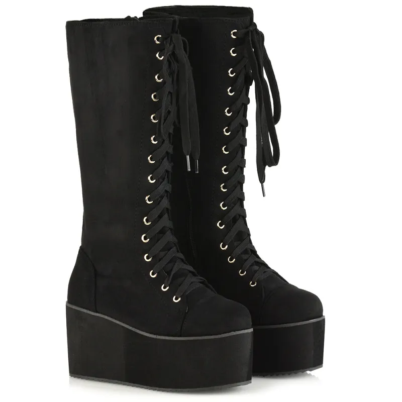 LIZ'S CHUNKY SOLE LACE UP KNEE HIGH BIKER WINTER PLATFORM BOOTS IN BLACK FAUX SUEDE sold by XYlondon