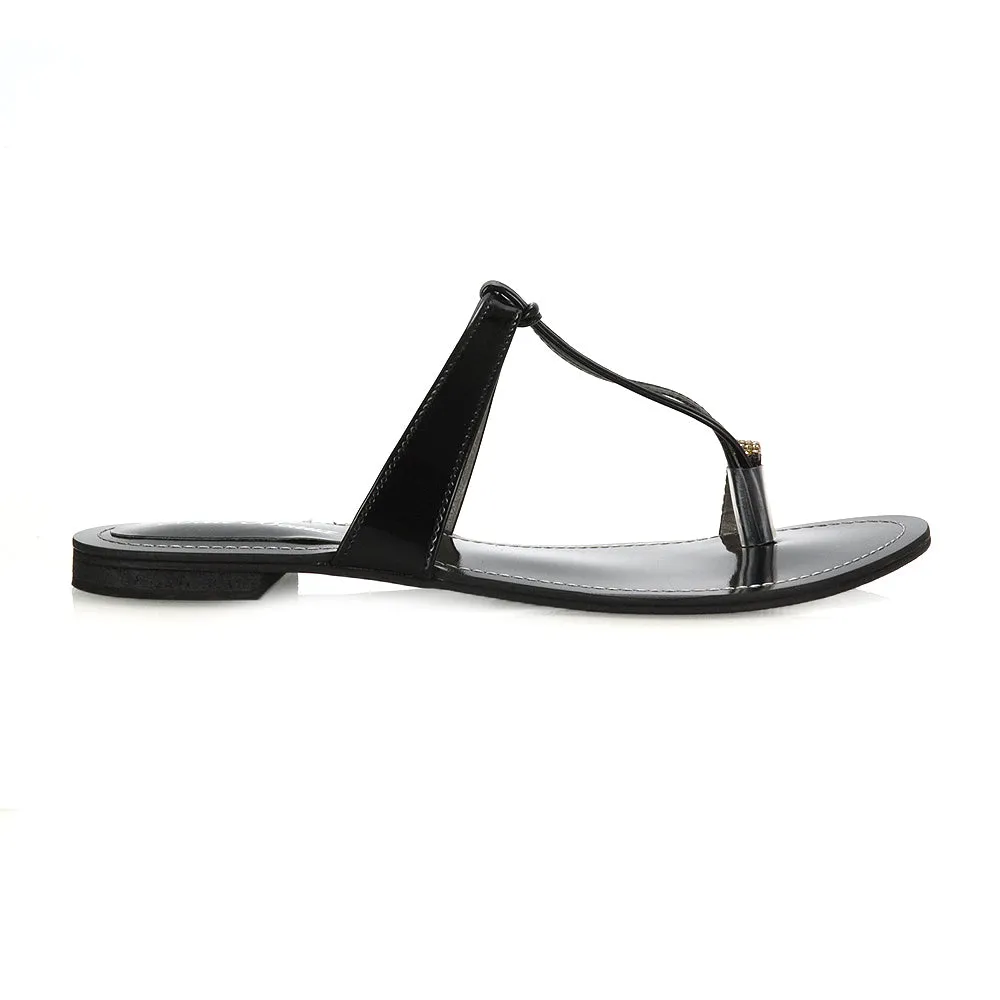 Lala Flat Strappy Diamante Detail Toe Ring Slider Summer Sandals in Black Patent sold by XYlondon product image thumbnail 2