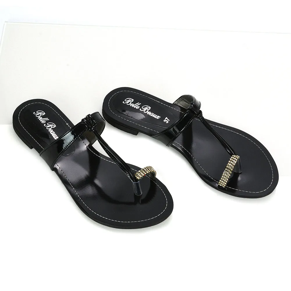 Lala Flat Strappy Diamante Detail Toe Ring Slider Summer Sandals in Black Patent sold by XYlondon product image thumbnail 5