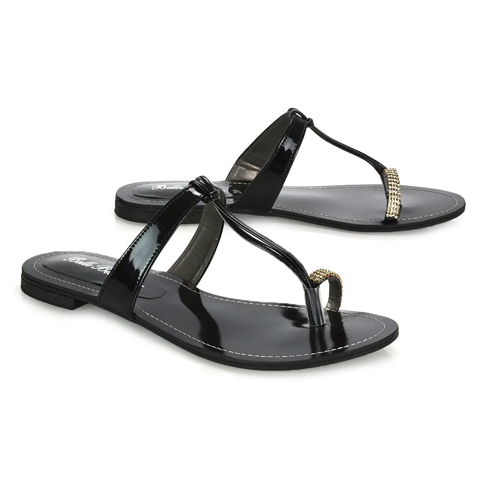 Lala Flat Strappy Diamante Detail Toe Ring Slider Summer Sandals in Black Patent sold by XYlondon product image thumbnail 3