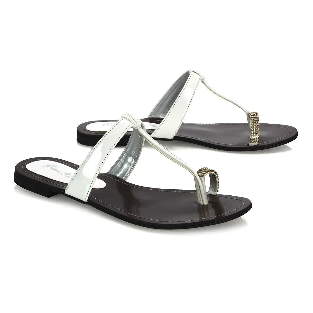 Lala Flat Strappy Diamante Detail Toe Ring Slider Summer Sandals in White sold by XYlondon product image thumbnail 3