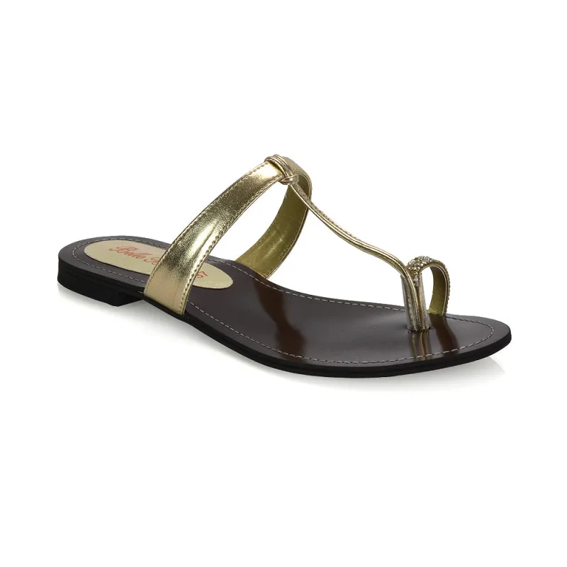 Lala Flat Strappy Diamante Detail Toe Ring Slider Summer Sandals in Gold Metallic sold by XYlondon