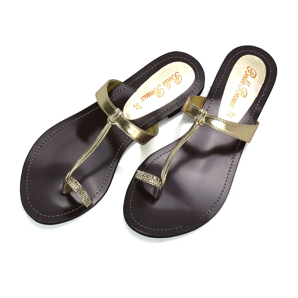 Lala Flat Strappy Diamante Detail Toe Ring Slider Summer Sandals in Gold Metallic sold by XYlondon product image thumbnail 4