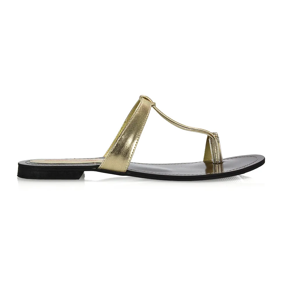 Lala Flat Strappy Diamante Detail Toe Ring Slider Summer Sandals in Gold Metallic sold by XYlondon product image thumbnail 2