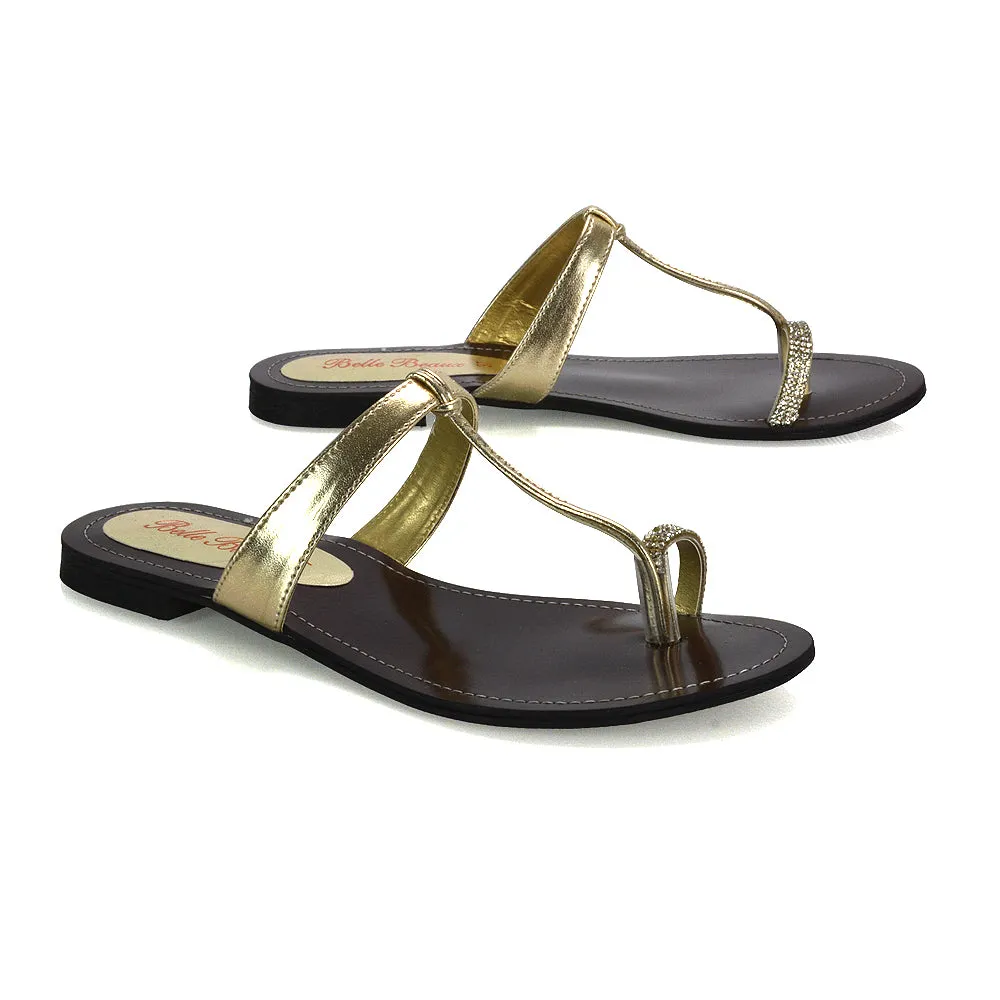 Lala Flat Strappy Diamante Detail Toe Ring Slider Summer Sandals in Gold Metallic sold by XYlondon product image thumbnail 3