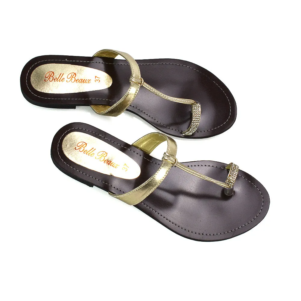 Lala Flat Strappy Diamante Detail Toe Ring Slider Summer Sandals in Gold Metallic sold by XYlondon product image thumbnail 5