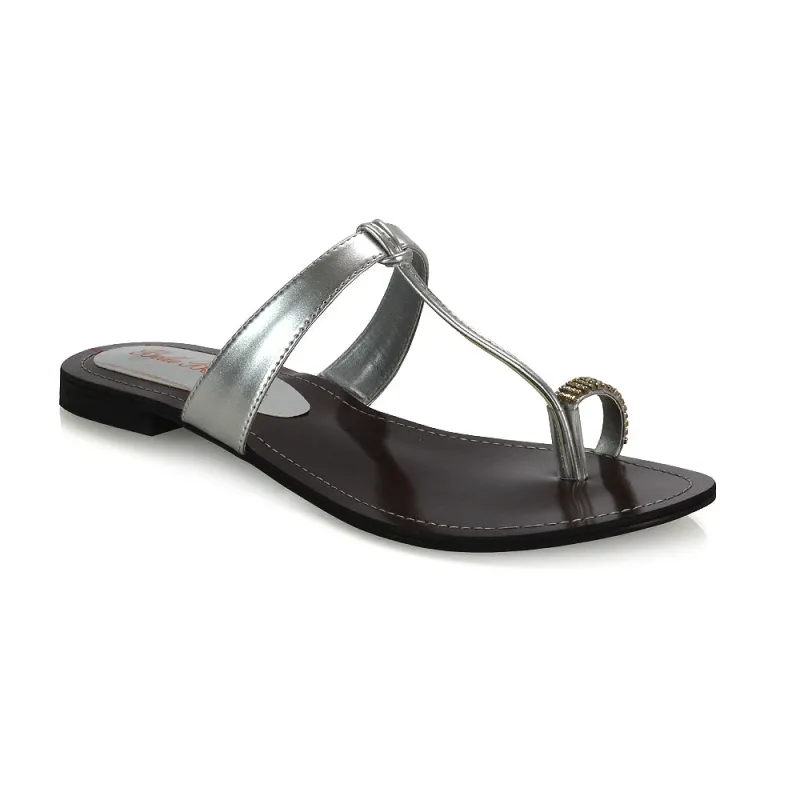 Lala Flat Strappy Diamante Detail Toe Ring Slider Summer Sandals in Silver sold by XYlondon