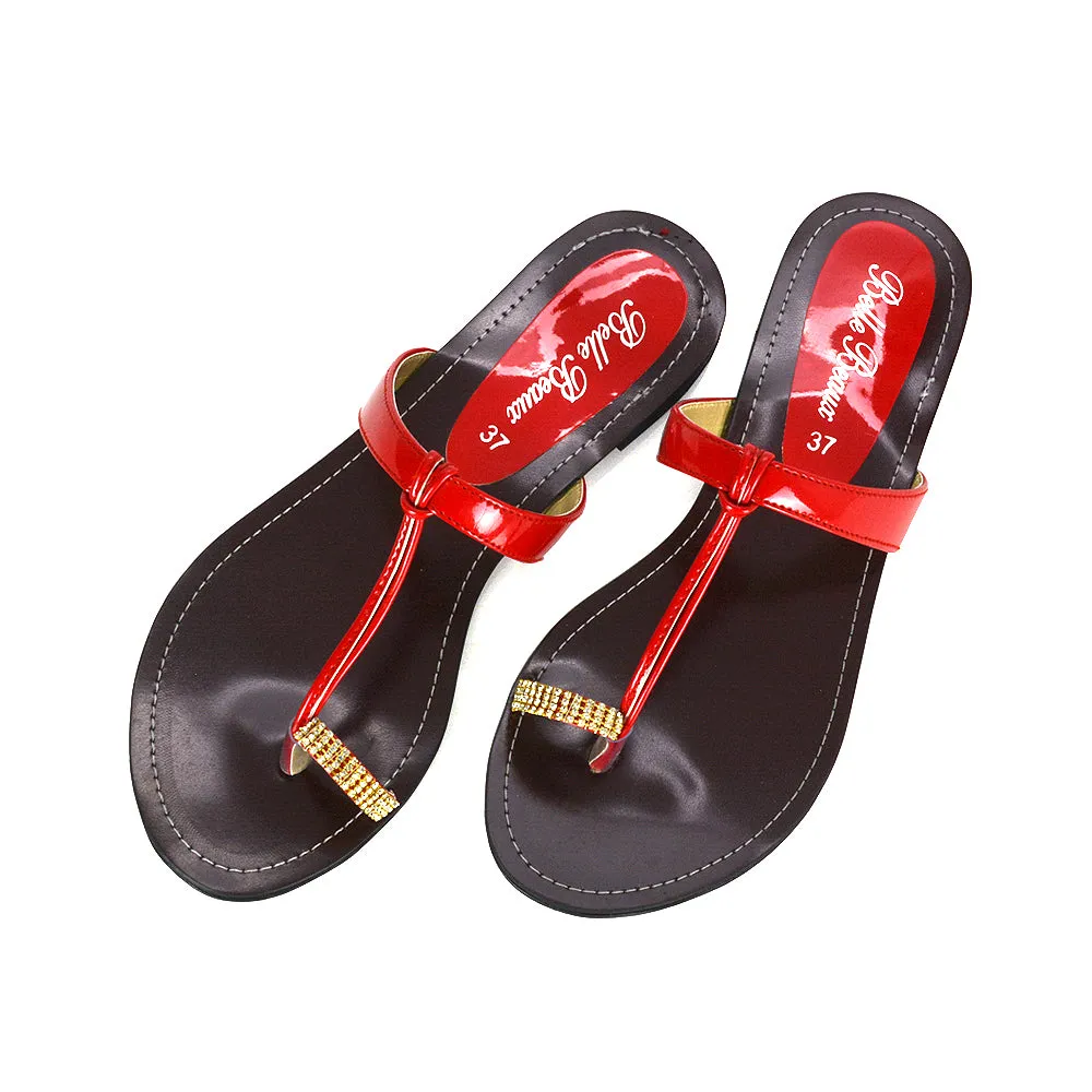 Lala Flat Strappy Diamante Detail Toe Ring Slider Summer Sandals in Red sold by XYlondon product image thumbnail 4