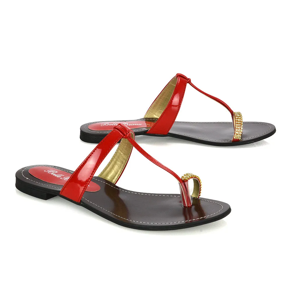 Lala Flat Strappy Diamante Detail Toe Ring Slider Summer Sandals in Red sold by XYlondon product image thumbnail 3
