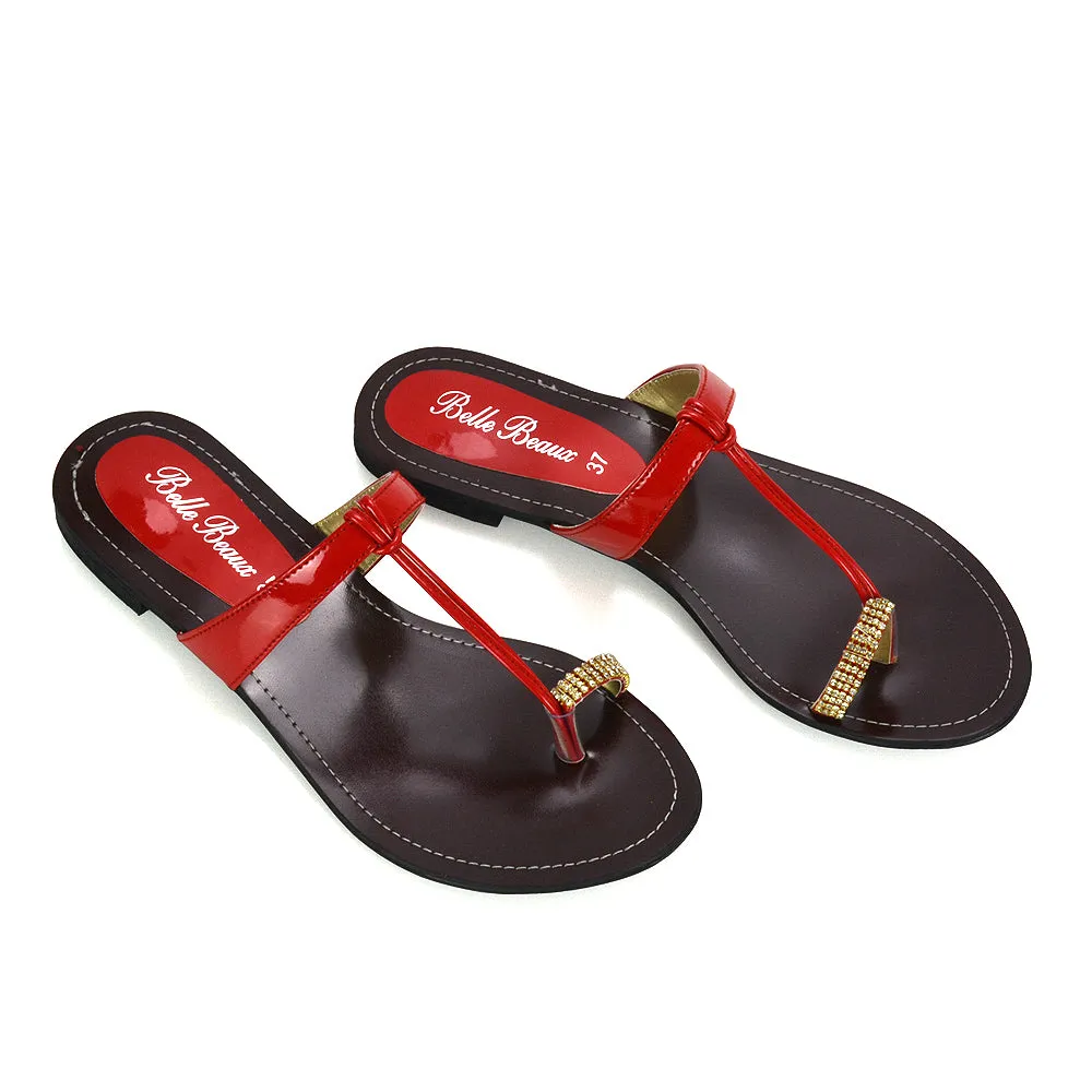 Lala Flat Strappy Diamante Detail Toe Ring Slider Summer Sandals in Red sold by XYlondon product image thumbnail 5