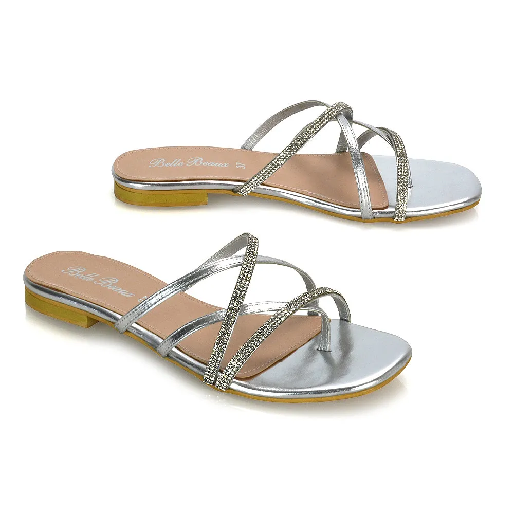 LORETTA CROSS OVER STRAPPY SLIP ON FLAT DIAMANTE SANDALS IN SILVER METALLIC sold by XYlondon product image thumbnail 3