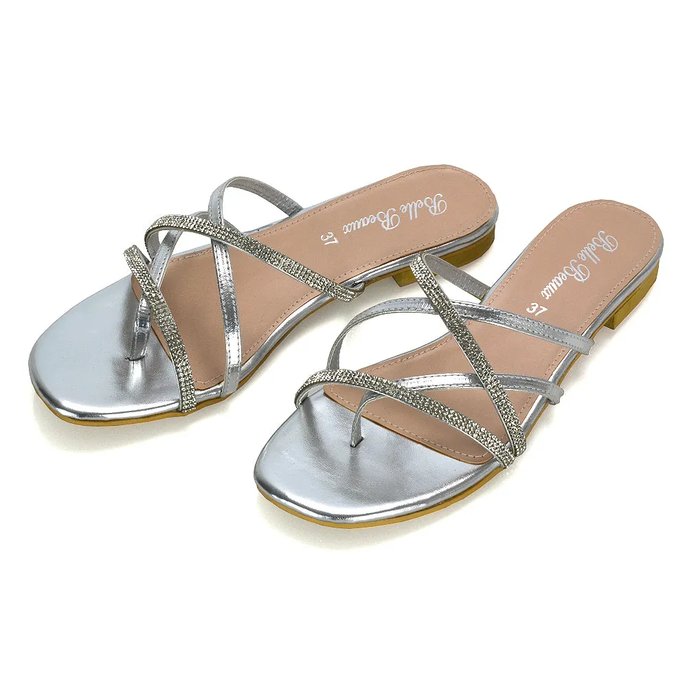 LORETTA CROSS OVER STRAPPY SLIP ON FLAT DIAMANTE SANDALS IN SILVER METALLIC sold by XYlondon product image thumbnail 4