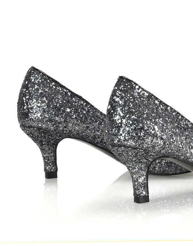 Gwyneth Womens Pointed Toe Stiletto Low Kitten Court Heel Pumps in Black Glitter sold by XYlondon product image thumbnail 5
