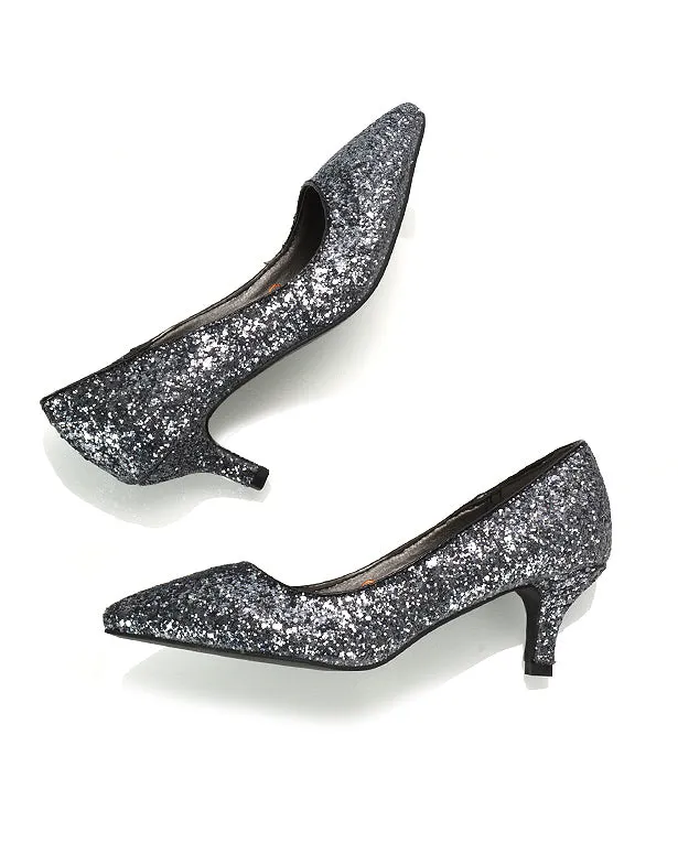 Gwyneth Womens Pointed Toe Stiletto Low Kitten Court Heel Pumps in Black Glitter sold by XYlondon product image thumbnail 4