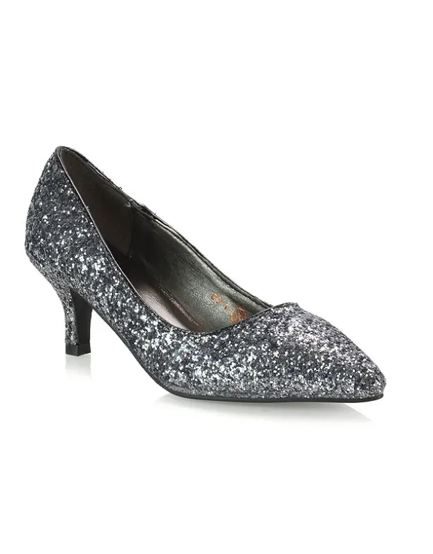 Gwyneth Pointed Toe Stiletto Low Kitten Court Heel Pumps in Black Glitter sold by XYlondon