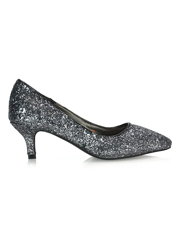Gwyneth Womens Pointed Toe Stiletto Low Kitten Court Heel Pumps in Black Glitter sold by XYlondon product image thumbnail 2
